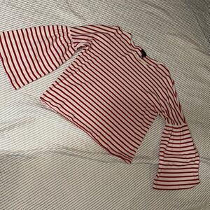 J. Crew Red & Off White Striped Bell Sleeve Top